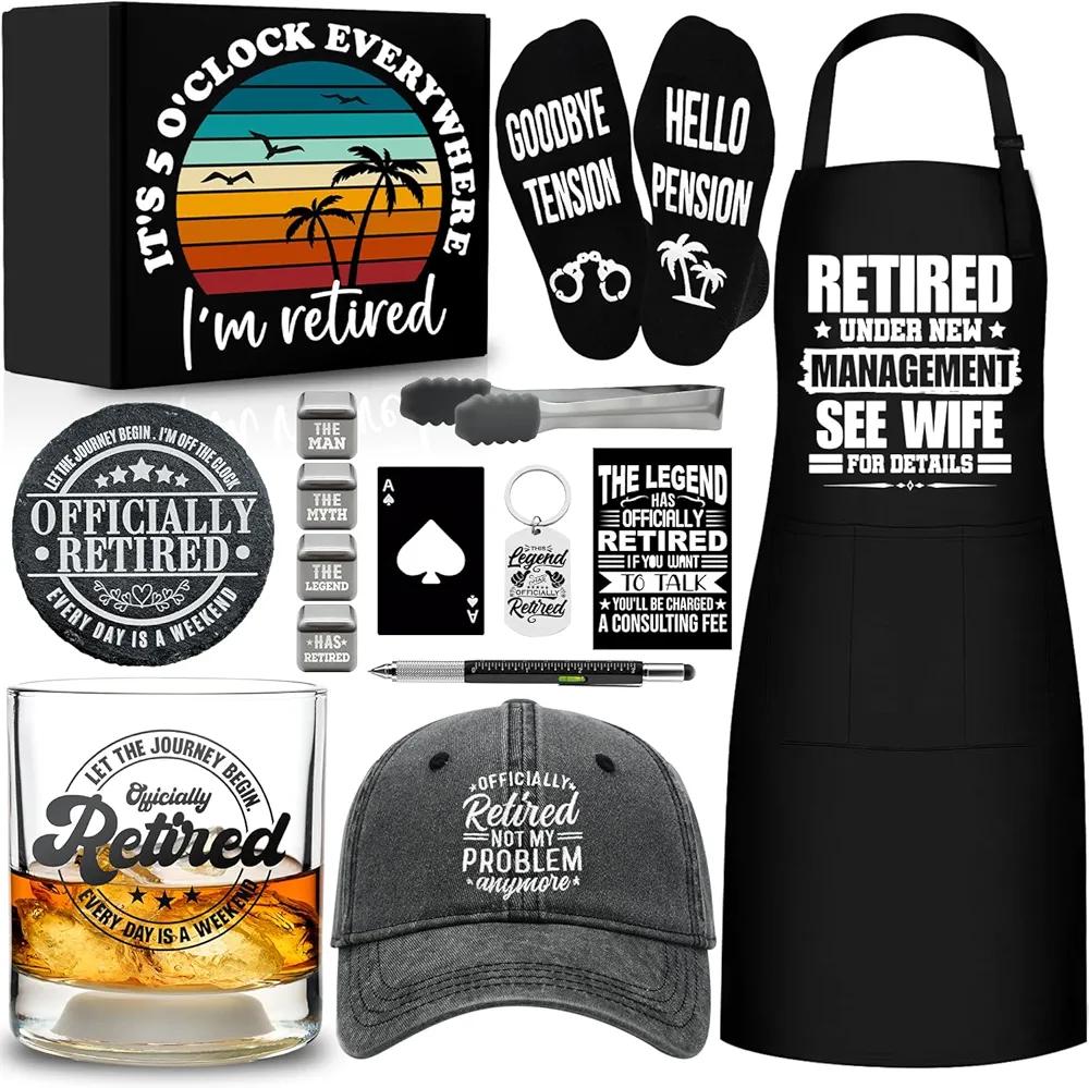 15 Pcs 2026 Retirement Gifts for Men Whiskey Glass Set, The Legend Has Retired, Funny Retired Supplies with 11 Oz Whisky Glass Coaster Stones Apron Baseball Cap Socks for Dad, Coworker, Boss, Grandpa