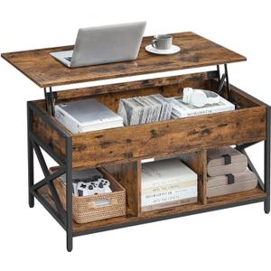 VASAGLE Lift Top Coffee Table, Lift Coffee Table with Storage Shelf, Hidden Compartments and Lifting Top, for Living Room, Office, 19.7 x 39.4 x (19.3-24.4) Inches, Rustic Brown and Black ULCT202B01