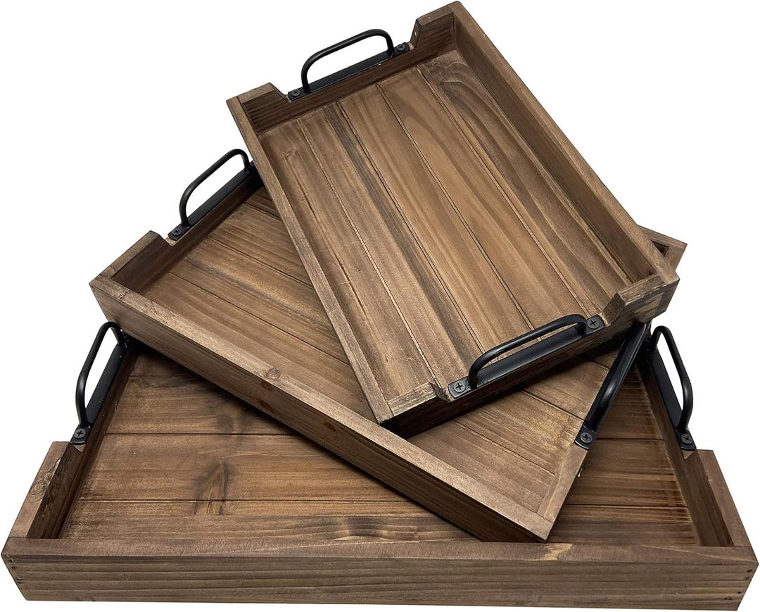 3 Piece Decorative Nested Vintage Wood Serving Tray Set for Coffee Table or Ottoman  Rustic Wooden Breakfast Trays for Kitchen, Dining Room, or Living Room  Farmhouse Platter w/Handles  Brown