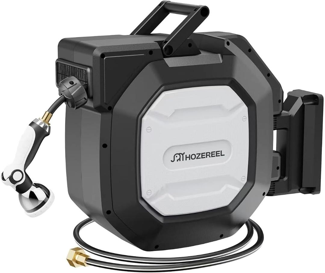 1/2" x 100 FT Heavy Duty Retractable Garden Hose Reel Black
Garden Hose Reel 180"Swivel Wall Mount, UV Resistant, Slow Self RetractSystem, Upgraded Any Length Lock, 10 Pattern Nozzle