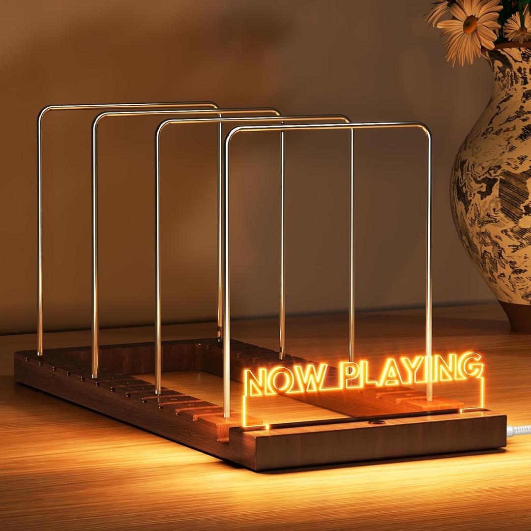 NiHome Now Playing Vinyl Record Stand with LED Light for Music Lovers, Secure Holder for Up to 80 LP Records, Wood & Stainless Steel Vinyl Storage Rack with Adjustable Design, Minimalist Desktop Display