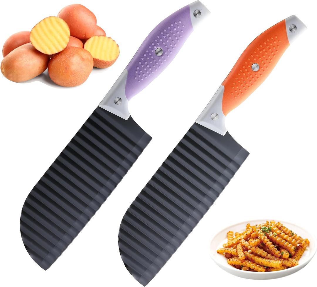 2 PCS Crinkle Cutter Knife, JJOO Stainless Steel Crinkle Cutter for Veggies, French Fry, Potato, Cucumber, Carrot and Fruit, Wave Fries Slicer Knife With Ergonomic Handle, Dishwasher Safe