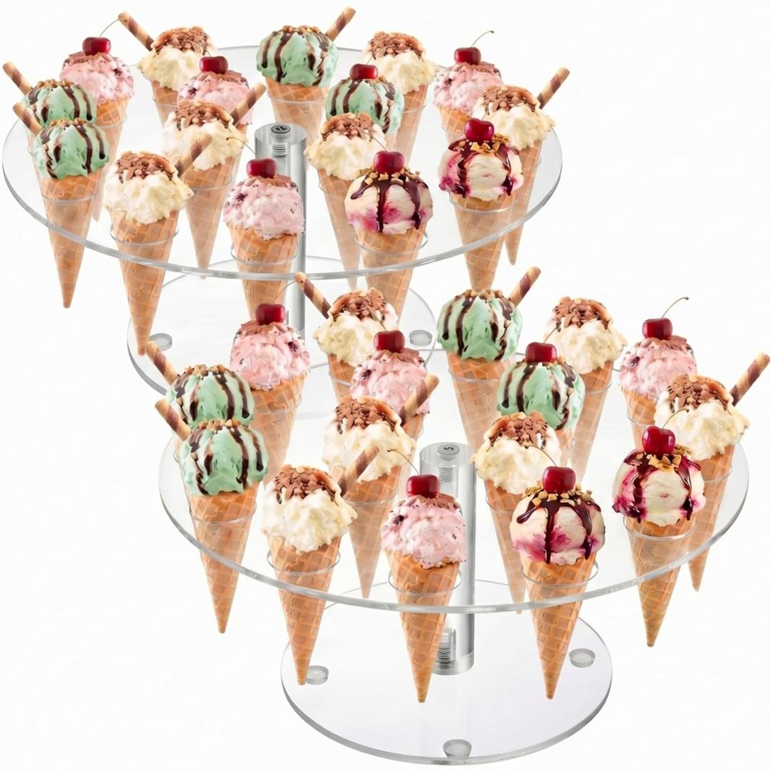 Peohud 2 Pack Ice Cream Cone Holder, 16 Holes Acrylic Ice Cream Cone Display Stand, Clear Waffle Hand Roll Sushi Display Rack for Weddings, Birthday Parties, Anniversaries, Round