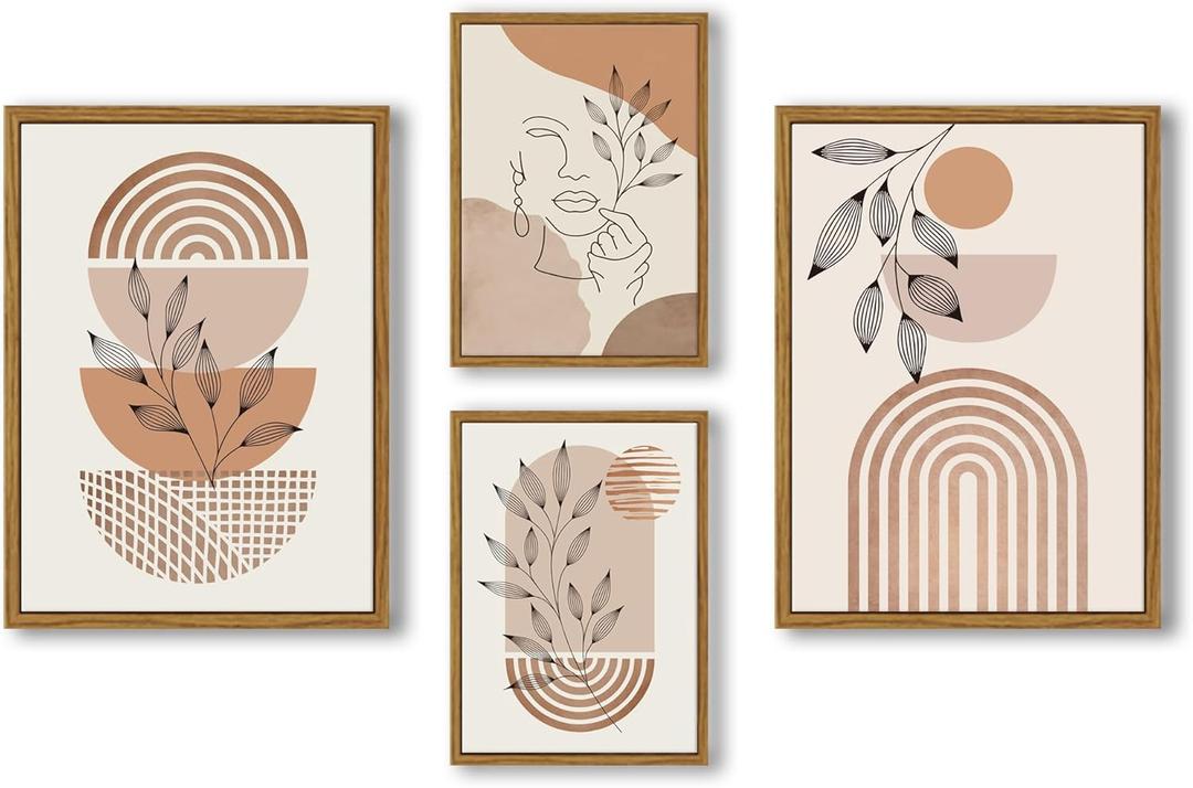 NIKICEE Large Framed Boho Canvas Wall Art, Mid Century Modern Room Decor, Minimalist Geometric Abstract Boho Bathroom wall art Canvas Prints Ready to Hang Bedroom decor, Set of 4 (12x16inch, orange)