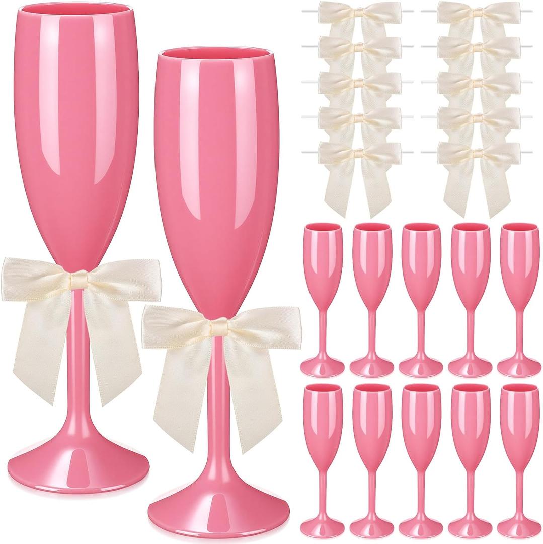 Zopeal Plastic Reusable Champagne Flute Glasses 6 oz and 50 Pcs Bow Set Acrylic Wedding Toasting Goblet 3.5" Bow Unbreakable Wine Cup for Bachelorette Bridal Shower Party(Pink and Beige)