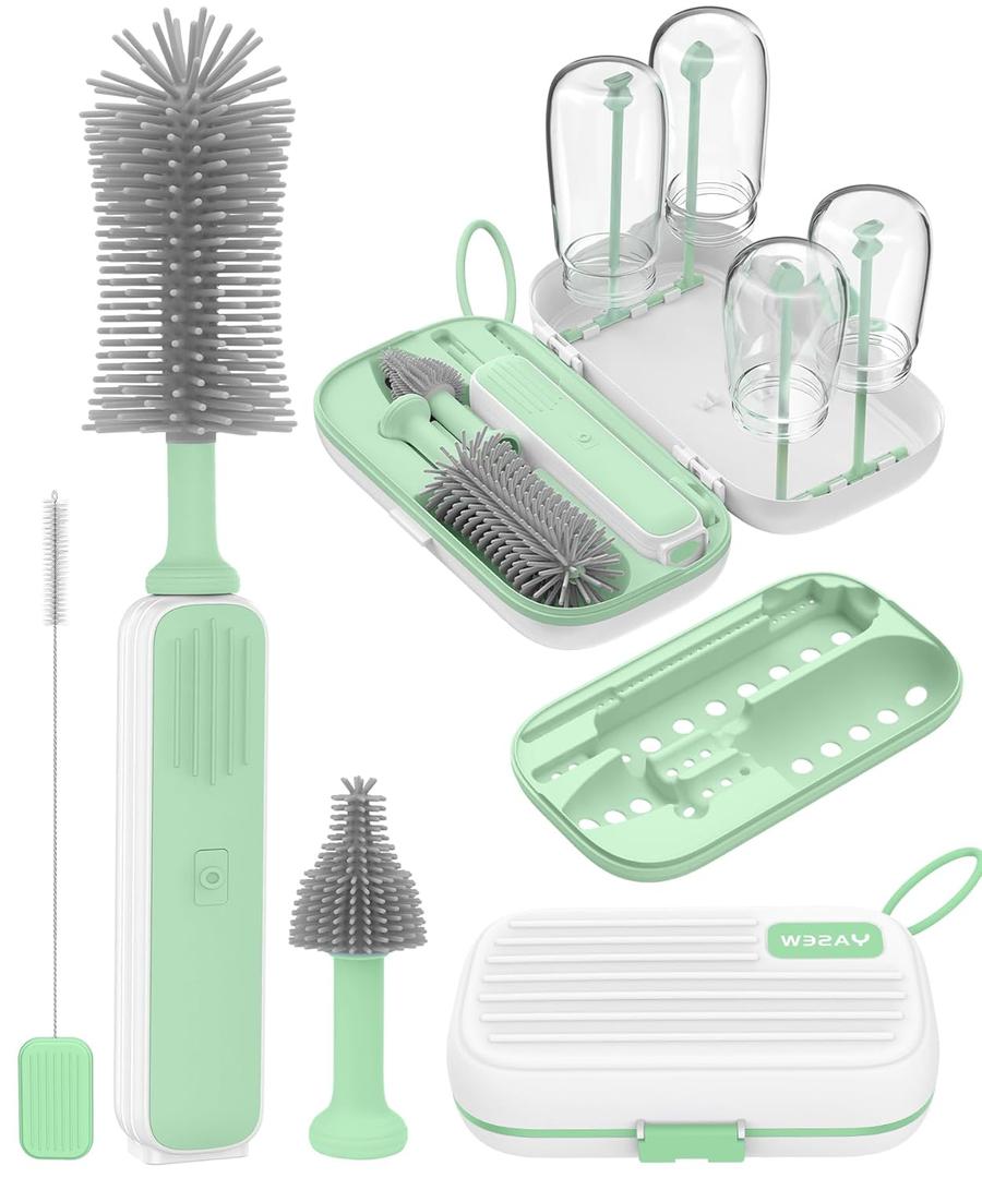 Electric Baby Bottle Brush Cleaner for Travel  BPA-Free Silicone, One-Button 360 Deep Cleaning, 2000mAh Rechargeable, Portable Bottle Cleaning Kit with Storage Box for Home & On-The-Go (Green)