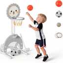 4-in-1 Toddler Basketball Hoop Adjustable Height Indoor Outdoor Sports Center for Kids Aged 1-3 Basketball, Soccer, Hockey & Ring Toss, Grey and White