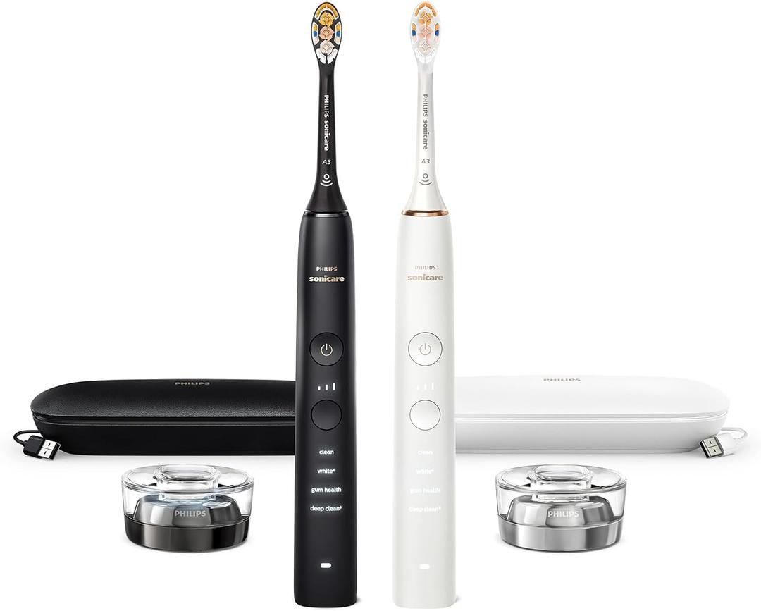 Philips Sonicare DiamondClean Connected Electric Toothbrush 2 Pack, x2 Sonic Toothbrushes, x2 Charging Travel Cases, x2 A3 Brush Heads, 12 Brushing Settings, (Black and Rose Gold) Model HX9912/71