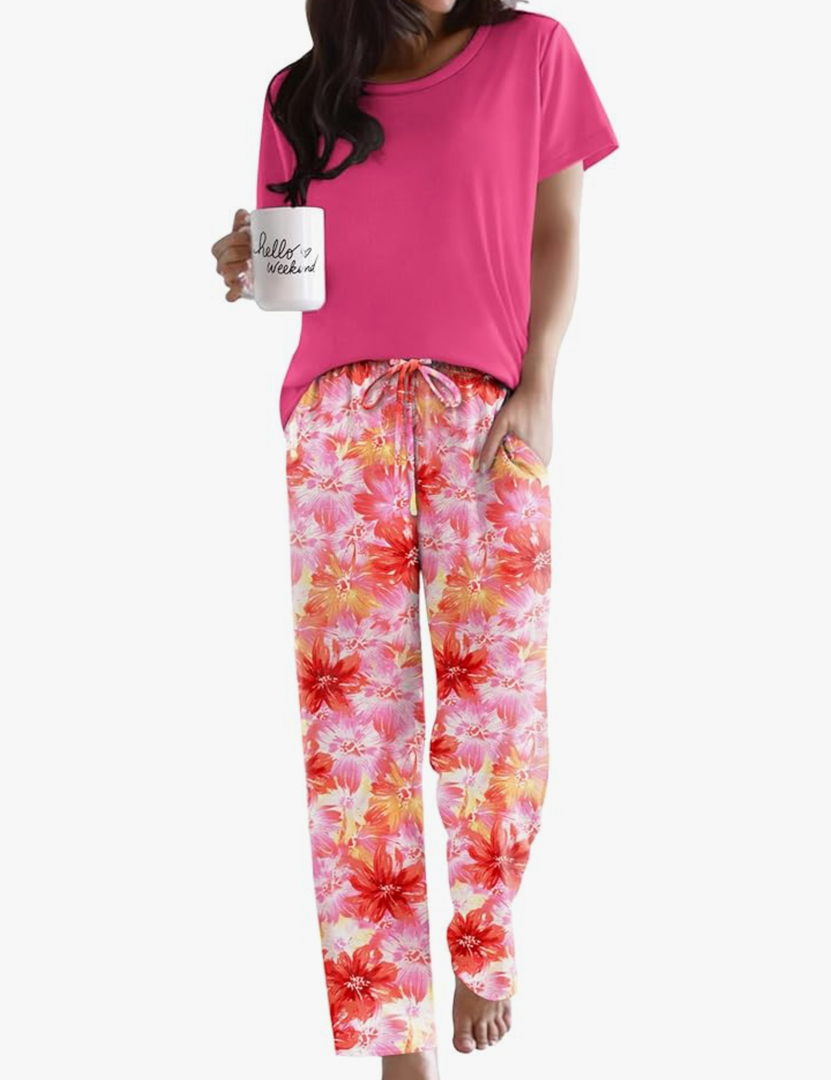 Ekouaer Pajama Sets for Women Round Neck Pjs Short Sleeve Sleepwear with Long Pants Loose Lounge Sets M