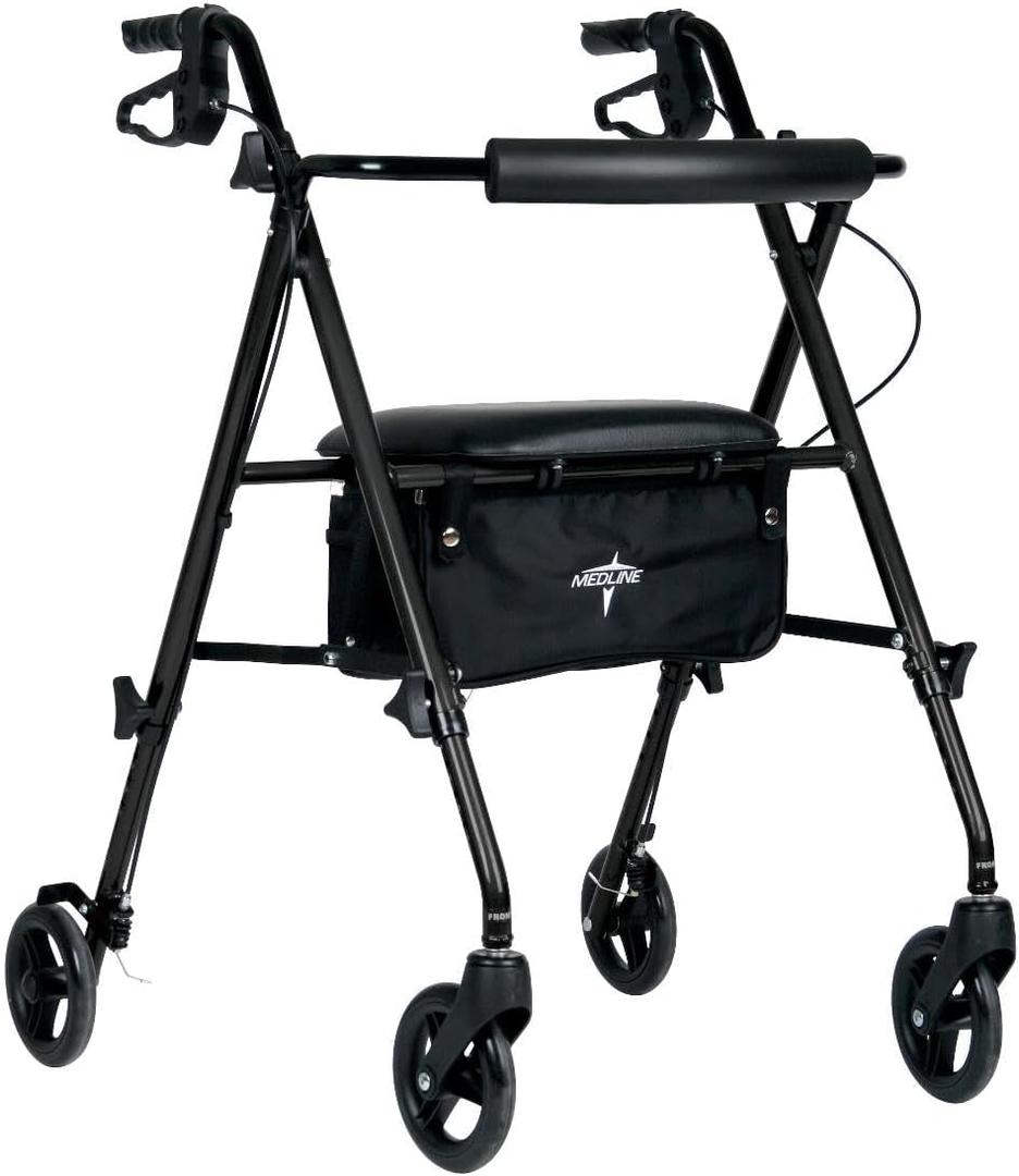 Medline Superlight Folding Aluminum Mobility Rollator Walker, Black, 250 lb Weight Capacity, 6" Wheels, Adjustable Arms and Seat, Foldable Rolling Walker for Seniors