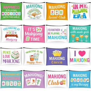 16 Pcs Mahjong Cosmetic Bag Gifts for Women Mahjong Makeup Bag Mah Jong Zippered Pouch for Lover Player Mothers Birthday Party Lucky Mah Jong Gift Coquette Accessories (Styles 2)
