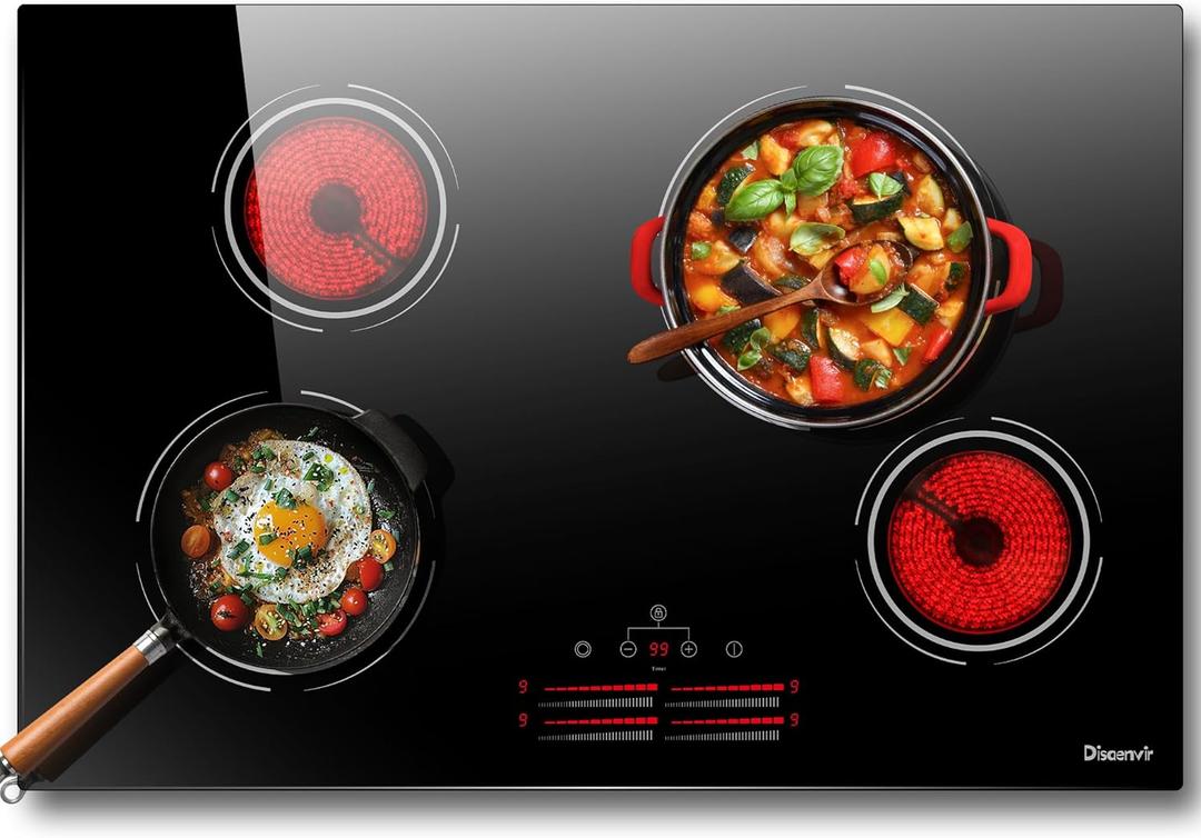 4 Burner Electric Cooktop 30 Inch - Built-in Electric Stove Top 6500W High Power, Ceramic Cook Top with Safety Lock, 99 Min Timer, Dual Ring, Sensor Touch, 220V - 240V Hard Wired (No Plug)