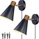 Black Plug in Wall Sconces Set of 2, Modern Bedroom Wall Light with on/off Cord, Wooden Plug Sconce with Hammered Metal Shade, Corded Wall Sconce Light for Decor Bedroom, Living Room, Hallway
