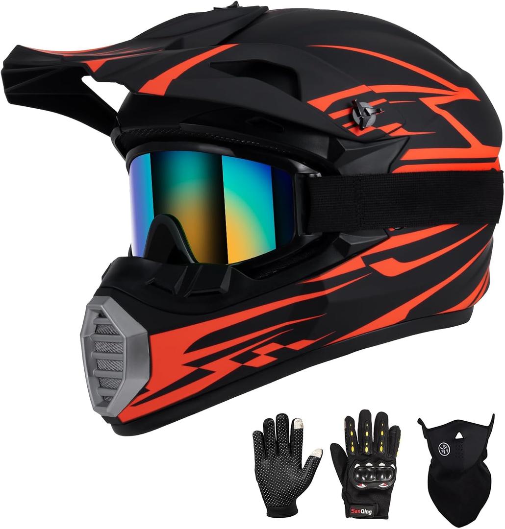 Youth Kids Motocross Helmet DOT Approved, Adult ATV Dirt Bike Off-Road MX Full Face Motorcycle Helmet with Goggles Gloves Mask for Boys Girls,Lightweight Breathable for Trail Riding (Small, Orange-Red)