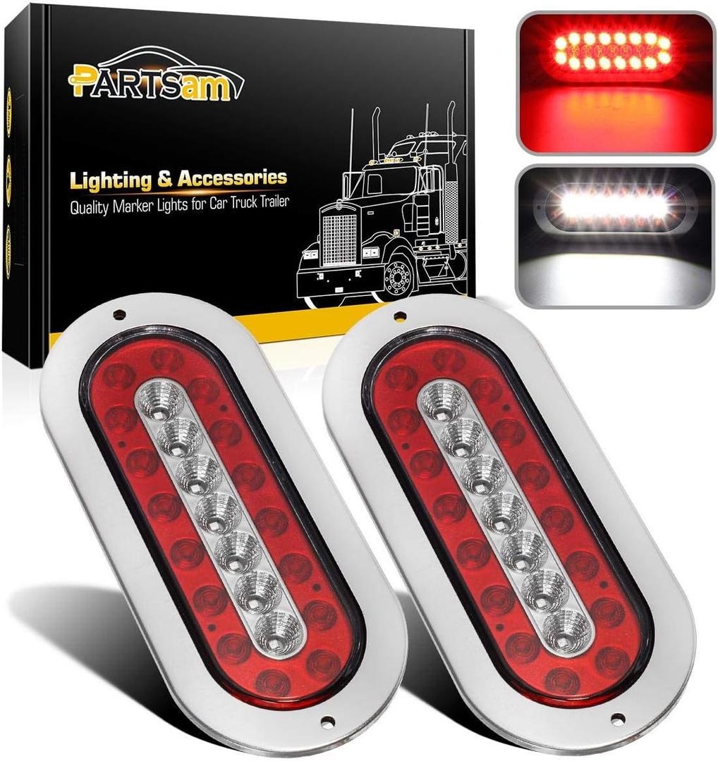 Partsam 2Pcs 6-1/2" Oval Led Trailer Tail Lights 23 LED Flange Mount Waterproof Combo Red Stop Brake Tail Running Lights Taillights White Back Up and Reverse Lights Sealed with Reflectors 12V DC