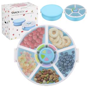 Pawtong Snack Rotator Container Reusable Snack Box with 5 Compartment Dispenser and Lid, Color Matching Opening Lid, BPA and PVC Free, for Home, School, Travel (2 Pack- Blue)