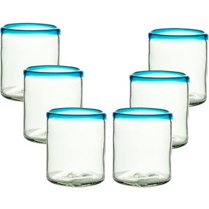 Aqua Blue Rim Hand Blown Tumbler Glasses - 100% Recycled Mexican Glassware - Artisan Crafted Drinking Glasses for Cocktails, Wine, Tequila, or Water - Set of 6 (10 oz)