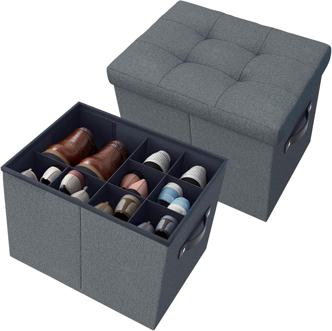 2 Pack Storage Ottoman Shoe Organizer for Closet - Adjustable Dividers Storage Box for Shoes | Clothes | Toy | Blanket, Foldable Foot Stool Small Bench Shoe Cabinet for Living Room & Bedroom (Grey)