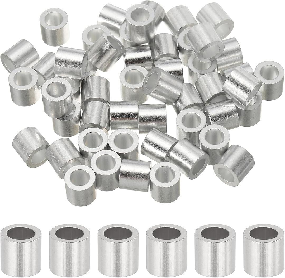 uxcell 1/4"(6mm) Aluminum Crimping Loop Sleeve, Wire Rope Stop Sleeve Round Crimp Ferrules for Wire Rope and Cable Ferrule, Silver 50Pcs