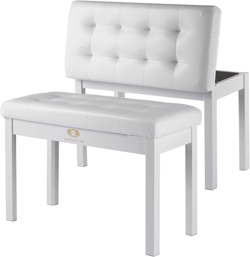 Premium Duet Piano Bench with Storage – 3 Inches Plush PU Leather Seat, Solid Wooden Legs, Comfortable Piano Seat for Two - White, Large Bulky