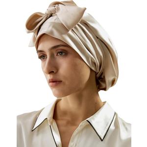 LilySilk 100% Pure Mulberry Silk Sleep Cap Womens Bonnet for Sleeping & Hair Care Night Band Head (Gravel Gold)