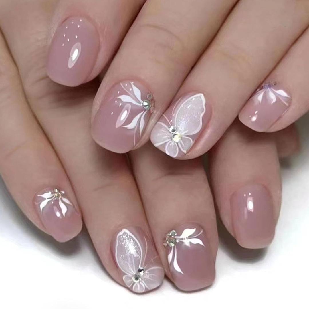 Square Press on Nails Short - TUZADNW Short Fake Nails Press ons Butterfly Designs, Light Pink Full Cover Glue on Nails Short Artificial Glossy Acrylic Nails for Women 24 Pcs