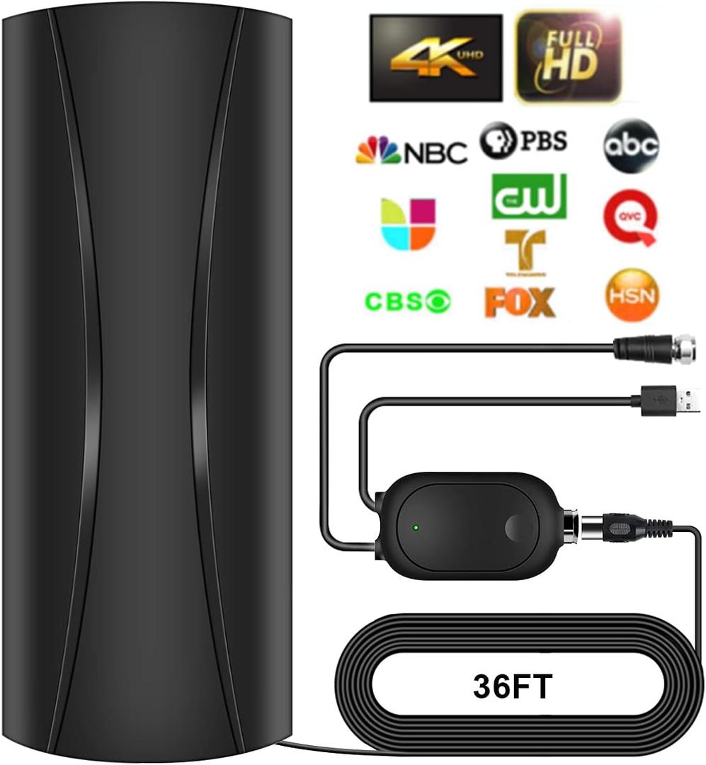 2800+ Miles TV Antenna Indoor, 360 Reception Digital Antenna for Smart TV and Old TVs, HD Antenna for Local Channels with Amplifier Signal Booster Support 4K 8K 1080p -38ft Thick Coaxial Cable (Black)