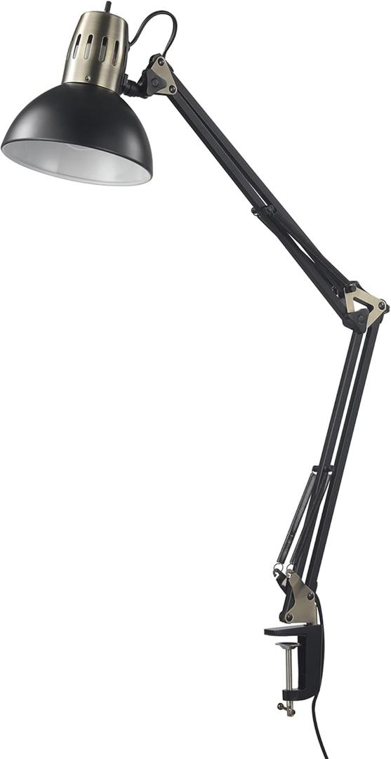 GLOBE Electric 62000009 32" Multi-Joint Desk Lamp with Metal Clamp, Matte Black, Antique Brass Accents, On/Off Rotary Switch on Shade, Partially Adjustable Swing Arm, Home Dcor, Office Accessory (33.13 inches)