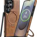 Magnetic for Samsung Galaxy S25 Ultra Leather Case,Invisible Stand [Compatible with Magsafe] Slim Kickstand Phone Cove for Samsung S25 Ultra Case (Brown, S25 Ultra)