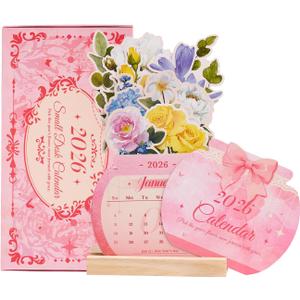 Floral Desk Calendar 2026, Cute Monthly Calendars with Wood Base, Run January 2026 to June 2027, Small Gift for Women,Friends,Wife,Coworker,Thanksgiving Day,Christmas 8.1"  4.7" (Pink)