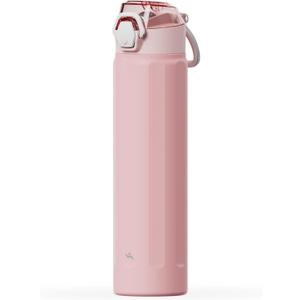 Konokyo FLOWPLAY 25oz Locking Push-Button Water Bottle with Silicone Spout,Leak-Proof,18/8 Stainless Steel Double-Wall Vacuum Insulated for Sports and Travel,BPA-Free,Pink