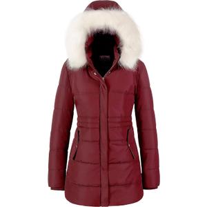 Chrisuno Women's Winter Warm Coats Puffer Jacket Long Drawstring Waterproof Snow Parka With Removable Faux Fur Trim Hood (Large, Burgundy)