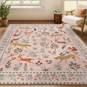 8x10 Pink Animal Washable Area Rug for Living Room, Dining Room, Bedroom, Large Carpets, Non Slip & Non-Shedding Low Pile Vintage Print Rug for Home Office Decor