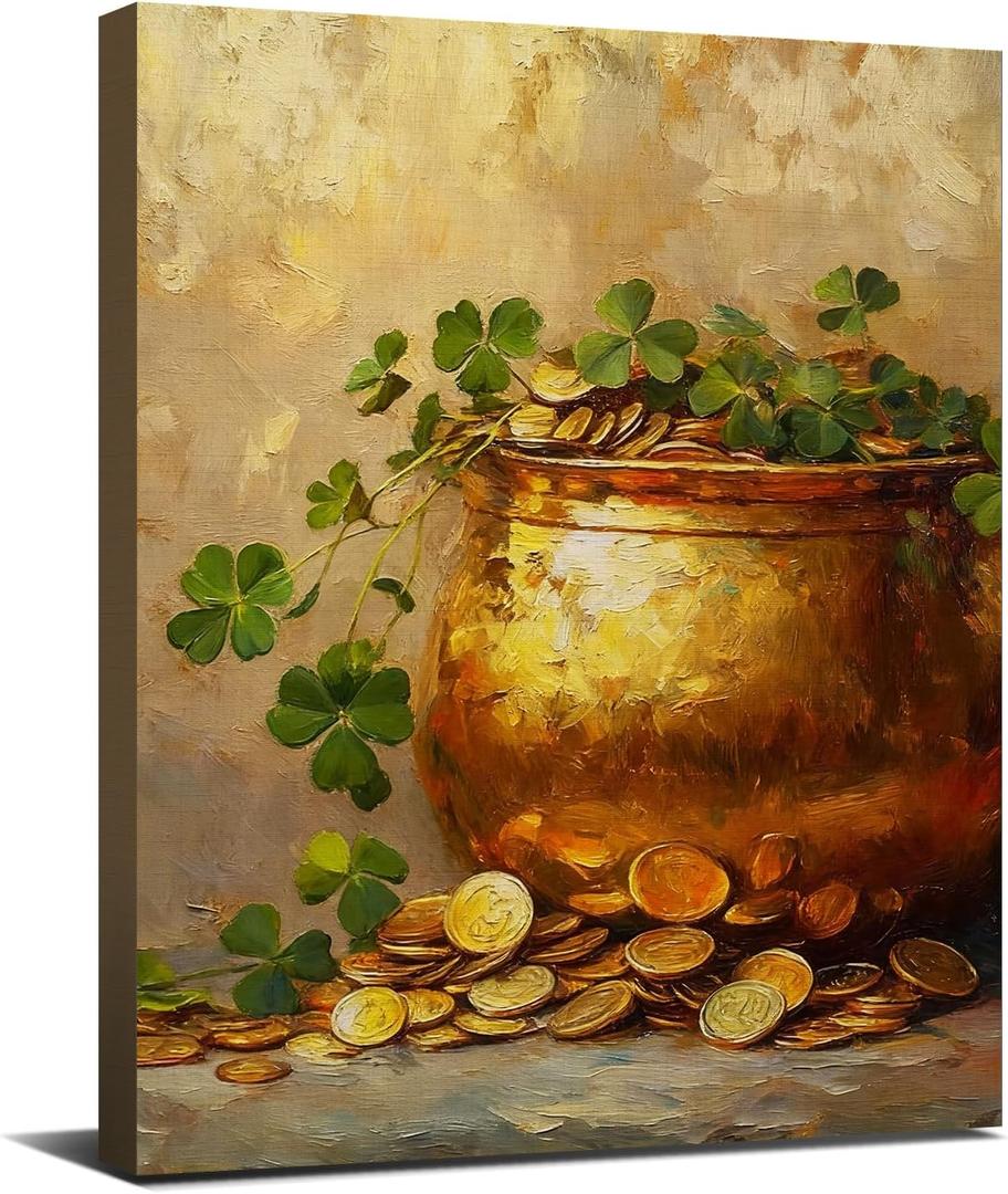 VKYN St Patricks Day Lucky Pot of Gold Wall Art Canvas Print, Gold Coins and Shamrock Painting, Framed Poster Artwork for Home Farmhouse Wall Decor 8x10 Inch