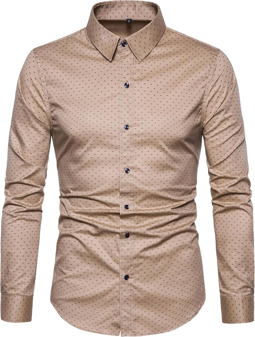 MUSE FATH Men's Printed Cotton Casual Long Sleeve Regular Fit Dress Shirt (Large, Khaki)