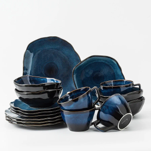 16-Piece Elegant Blue Porcelain Dinnerware Sets with Plates, Salad plates, Bowls, and Mugs - Dishwasher and Microwave-safe Porcelain Dinner Plate Set with Mug, Bowl, and Salad Plates