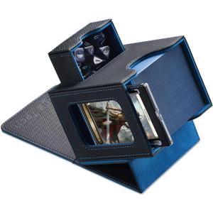 Card Deck Box for MTG Commander - Patented Design, Commander Display, Fits 100 Double-Sleeved Cards, 35pt Card Brick & Dice Tray - Black/Blue