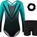 BAOHULU Gymnastics Leotards for Girls Long Sleeve Sparkly Cute Pattern Dance Outfit with Matching Shorts Set (13-14 Years)