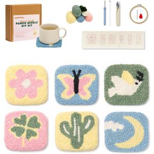 Kukovaya Punch Needle Kit for Beginners & Adults – Complete DIY Embroidery 6Coaster Kit with Printed Fabric, Yarn, Needle, Hoop & Guide – Easy Craft Kit for Home Décor, Gifts & Stress Relief