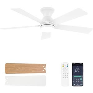 Ceiling Fans with Lights and Remote, 48 Inch Ceiling Fan with Light, Low Profile, Reversible, Dimmable LED, Flush Mount, Quiet, DC Motor, White Ceiling Fan for Bedroom, Kitchen, Dining Room