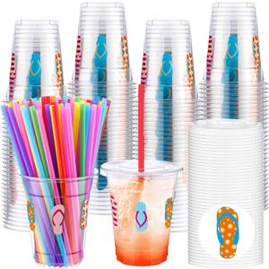 100 Sets 12 oz Summer Disposable Plastic Bulk Cups with Lids and Straws Hawaii Laua Cups Slippers Sandals Flops Pattern Design for Hawaiian Parties Pool Beach Holiday Supplies
