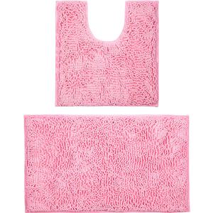 LanYunUmi Pink 2 Pieces Bathroom Rugs, Ultra Soft Non Slip Absorbent Chenille Toilet Bath Mat Set Rugs for Slip-Resistant Shag Extra and Rug Shower Room Machine-Washable (Pink, 20"x32"+20"x20"U)