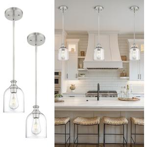 AUTELO 2 Pack Brushed Nickel Pendant Lights, Glass Pendant Lights Kitchen Island with Clear Cylinder Glass, Industrial Pendant Lighting with Adjustable Rods, H2511 CLST 2PK (Silver)