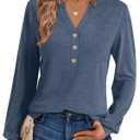 EasyGala Womens V Neck Long Sleeve Shirts Henley Dressy Casual Tops Loose Fit Trendy Tees Fall T Shirts Outfits 2025 Navy Blue (M)