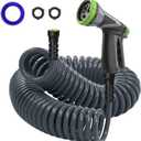 Coil Hose,3/8" EVA Coil Garden Hose 25 FT,Curly Water Hose Lightweight with Metal Connectors and Swivel Handle,Retractable Garden Hose Includes 8-Pattern Spray Nozzle for Boat, Yard, Patio
