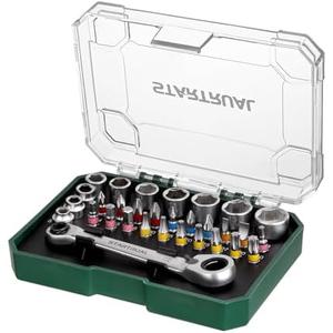STARTRUAL 31-Piece Low Profile Ratchet Wrench, Right Angle Screwdriver, Pass Through Socket, 1/4" Mini Ratchet Set, 90 Degree Offset Ratcheting Screwdriver for Tight Spaces