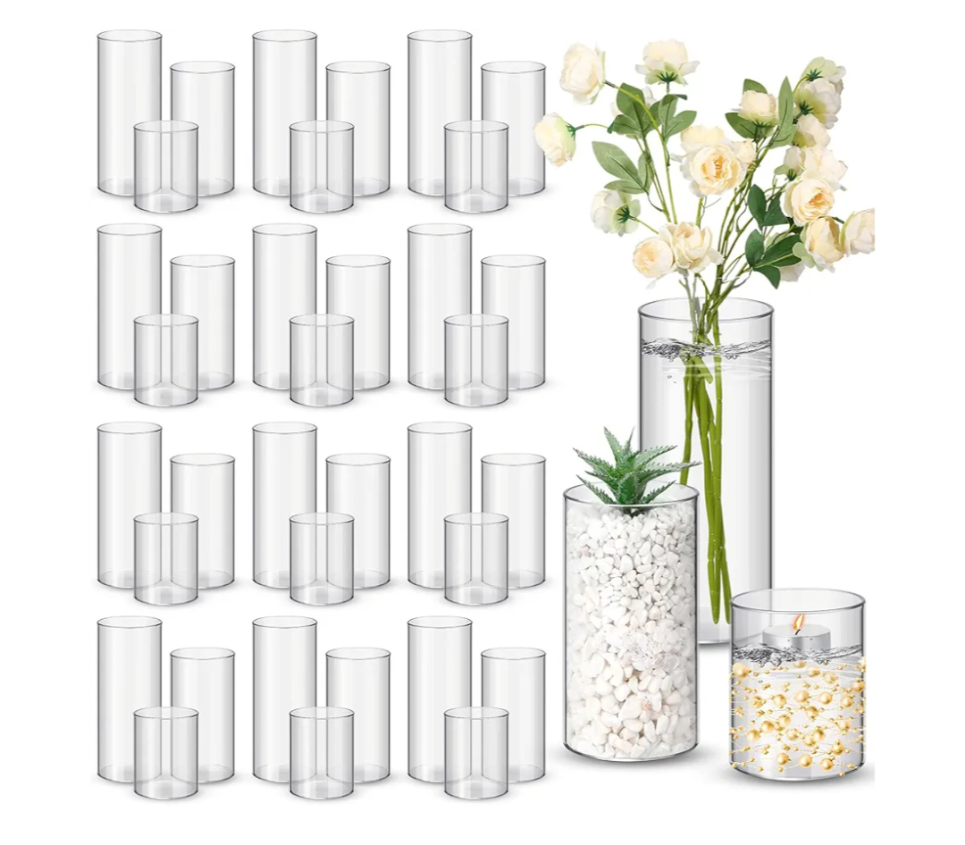 Nuogo 36 Pcs Plastic Cylinder Vases Tall Plastic Flower Vases for Centerpieces Hurricane Candle Holder for Home Wedding Office Party Formal Dinners Decorations (4''/6''/8'')