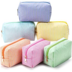 Sanwuta 6 Pcs Seersucker Cosmetic Bags Bulk Seersucker Makeup Bags Stripe Women Pouch Large Preppy Storage Pouch Toiletry Travel Organizer for Wedding Bridesmaid Bride Favor Mom Gift (Rainbow)