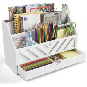SRIWATANA White Mail Organizer Countertop, 5 Slots Mail Holder with Drawer, Office Desk Organizer, Letter Sorter File Bill Holder Paper Storage for Home Office School