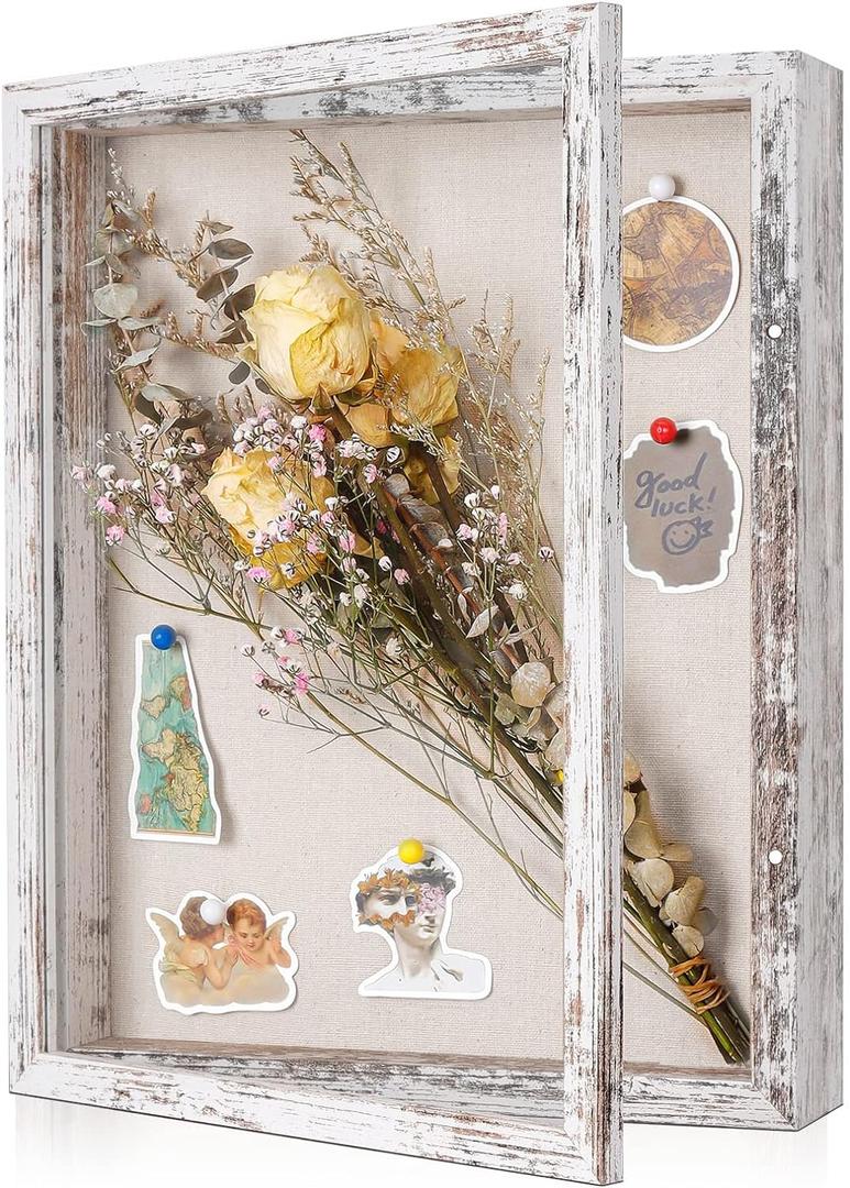 Califortree 11x14 Shadow Box Frame with Linen Back - Sturdy Rustic Memory Display Case of Flower, Pictures, Medals and More, Distressed White